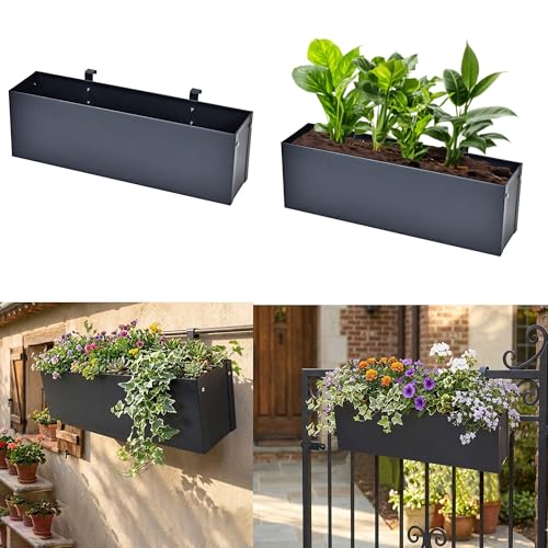 DWD Hanging Flower Planter Box Trough Modern Powder Coated Galvanised Steel Anthracite Grey Matches Wheelie Bins Storage, Hang on Slatted Door, Fence Balcony Gate Privacy Screens 50cmW x 12cmD x 15cmH