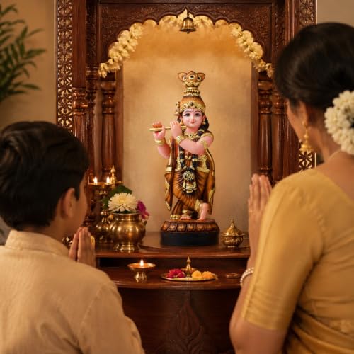 Image of Krishna Statue for Home Decoration House Warming Gift | Lord Krishna murti idol home decoration item showpiece for living room (polymarble,34*13*10)