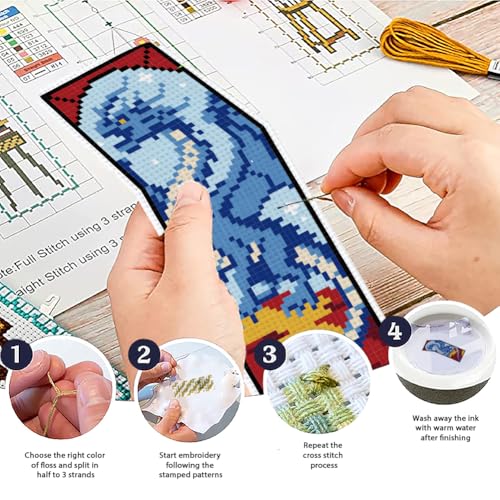Image of ACRNIGHEET 6PCS Cross Stitch Bookmark Kit for Beginner Dragon Stamped Cross Stitch Kits Needlepoint Kit for Adults DIY Tassel Embroidery Bookmark Kits with Instructions Craft Gift 8.5''x3'' 11CT