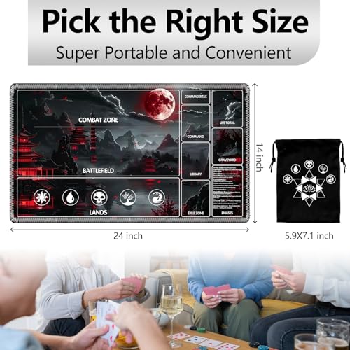 Image of for MTG Playmat with Card Storage Bag,Non-Slip Rubber Base & Smooth Surface 24x14in,Beginner-Friendly Magic Mat for Commander Deck,Red Moon Lake