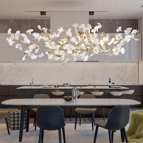 Image of Tree Branch Chandelier, L79 Inch Ginkgo Leaf Chandeliers Brass Chandelier Pendant Light Fixtures for Dining Room Living Room Kitchen Island, 16-Light