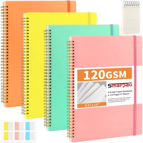 Smarpau 4 Pack Graph Paper Spiral Notebook, 8.5" X 11" Large Grid Notebook, 120 Gsm Thick Paper, 57 Sheets/114 Pages, Squared Journal Notebook For School And Work (Orange, Blue, Yellow, Pink) #TOP3