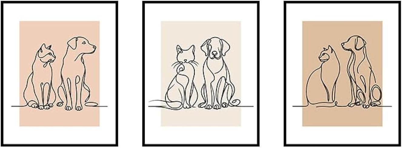 Celercrownv Line Art, Dog & Cat Painting Canvas, Set of 3, Minimalist Pet Wall Art, Animal Wall decor for Living Room, Bedroom, Bathroom, Unframed (16 × 20)