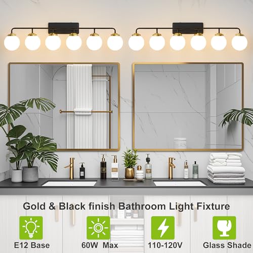 Image of Bathroom Light Fixtures 45.3in 6-Light Black Gold Vanity Lights for Mirror | Bathroom Lighting Fixtures over Mirror, ETL, Brushed Brass Wall Sconce, Dimmable E12 Base Max 60W, Milky Glass Ball Shades