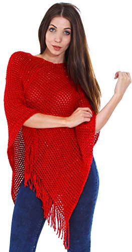 Simplicity Women's Long Knitted Pullover Tassel Edge Poncho Sweater, Red