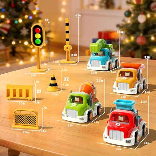 soi-meme 4 Pack Car Toys for Toddler 1-3 Year Old Boys,Push-and-Go Friction Powered Cars with Lights & Music,Truck Roadblock Toys Set,Gifts for 1+ Year Old Baby Boy Girl - Image 5