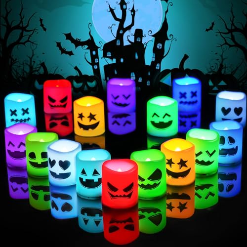 Image of Homemory 24Pack Color Changing Halloween Flameless Candles, 200+ Hours LED Votive Candles, Battery Operated Tea Lights for Pumpkin, Party, Christmas Decor (Batteries Included)