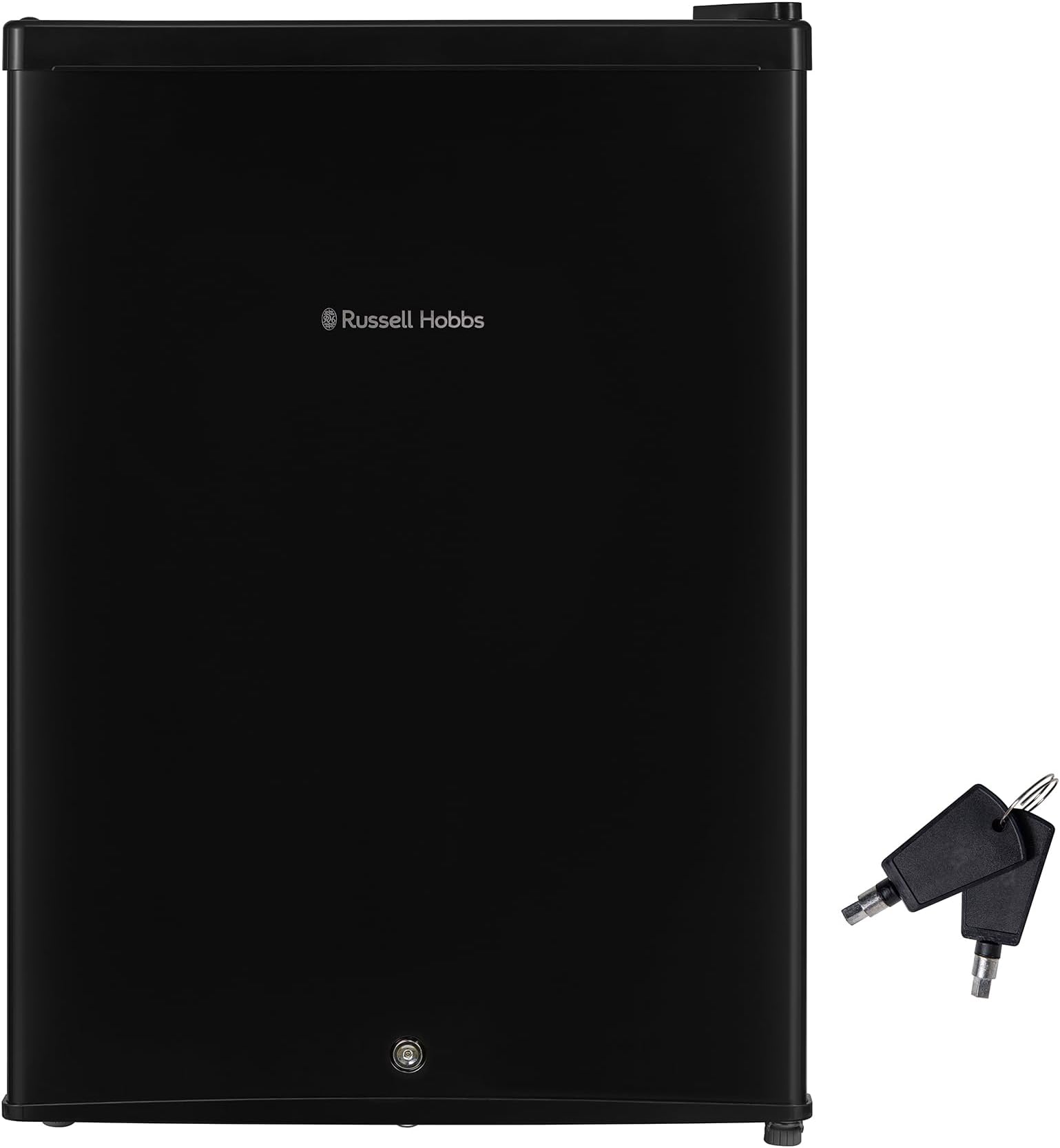 Russell Hobbs Table Top Larder Mini Fridge Lockable 66L Capacity, Reversible Door and Adjustable Feet, 0 to 8 Degrees Manual Temperature Control with Lock and Key, Black RH67TTLF0E1B-LCK