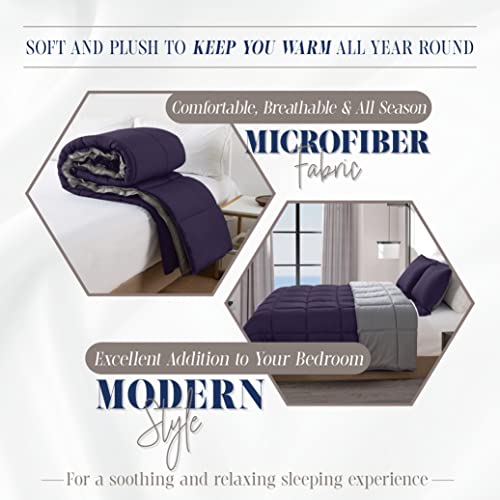 Image of Elegant Comfort 3-Piece Reversible Comforter Set, All Season Cozy, Soft Down Alternative, Quilted - Box Stitched - Duvet Insert with 4 Corner Tabs, Comforter with Shams, Twin, Purple /Gray