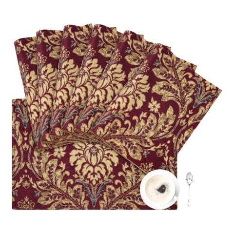 Loom and Mill Luxury Jacquard Placemats Set of 6, Burgundy Red Damask Non-Slip Table Place Mats for Christmas Holiday Kitchen Party Decor, Durable & Washable Dining Table Mats(Burgundy Red, 12x18in) Cover