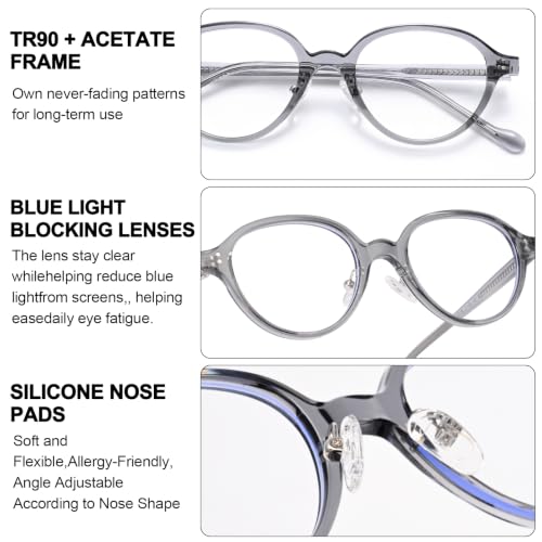 Image of Dollger Blue Light Blocking Glasses For Woman Men TR90 Retro Round Computer BlueLight Glasses Clear Lens Non-Prescription Transparent Grey