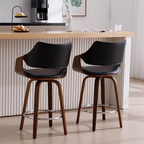 BESTANO Swivel Counter Stools Set of 2, 26\" Seat Height Faux Leather Upholstered Counter Height Bar Stools Chairs with Back & Footrest, Wood Frame Bar Stools for Kitchen Island Home Bar, Black