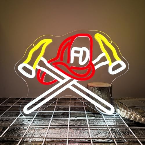 Image of Mutank Firefighter Helmet Neon Sign, USB Powered Fire Department Symbol Sign Dimmable LED Light, for Fire Department Axe Wall Art Emergency Services First Responder Wall Decor(12.9 * 10.2 In)