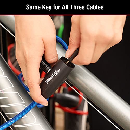 Image of Master Lock Bike Lock Cables with Key, Blue, Green, and Red 3-Pack of Keyed-Alike Bicycle Cable Locks, 6 ft. Long, 8127TRI