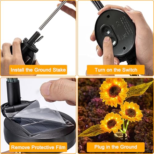Glaxcidy 2 Luces Solares de Girasol, Lámpara de Estaca con 6 Girasoles, 42 Leds, Impermeables para Jardín Exterior, Luces Solares Decorativas para Patio, Jardín, Navidad e Iluminación de Caminos - imagen 6