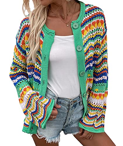 Image of xxxiticat Women's Rainbow Knitted Cardigan Sweater Long Sleeve Multicolor Striped Sweater Jumpers Open Front Jacket