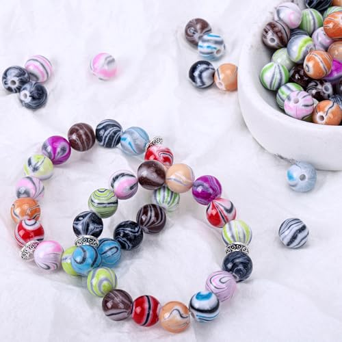 Image of Quefe 500pcs Craft Beads in Ink Patterns for Jewelry Making Beads for Bracelets Making, Acrylic Bulk Beads with 50pcs Spacer Beads and Crystal String (10mm)