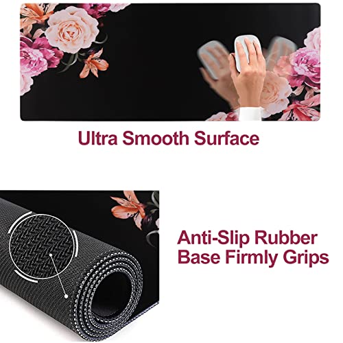 Ileadon Keyboard Mouse Pad Set, Large Gaming Mouse Pad + Keyboard Wrist Rest Support + Mouse Wrist Cushion + Coaster, Non-Slip Rubber Base, 35.4X15.7In Extended Desk Mat For Home Office, Peony Flower #TOP2