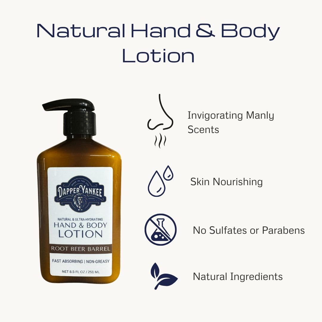Dapper Yankee Natural Hand & Body Lotion for Men - Root Beer Barrel Scent, Moisturizing, Non-Greasy, Fast Absorbing