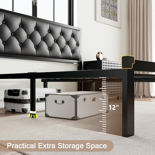 Einhomn Queen Metal Bed Frame, Queen Platform Bed Frame with Button Tufted Faux Leather Headboard, Sturdy Steel Slats, No Box Spring Needed,12" Underbed Storage, Noise Free, Black - Image 4