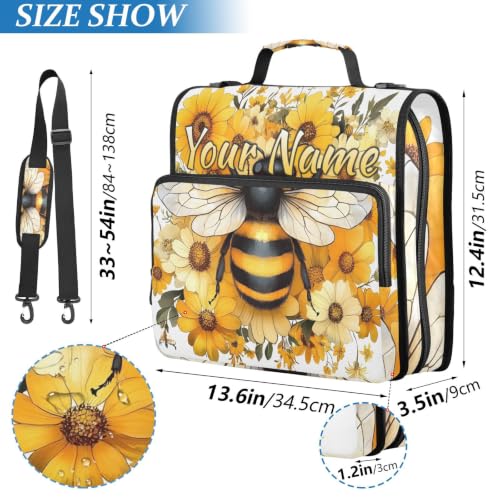 Image of Custom 3 Ring Zipper Binder Yellow Daisy Bee Bumblebees Personalized Name 1.5 Inch Binders Large Capacity Multi Pockets for School Office Supplies