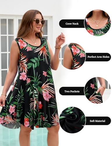 Image of JollieLovin Women Plus Size Curvy Summer Tank Sun Dresses Sleeveless Causal T-Shirt Dress Beach Swing Cover up(L-5X)