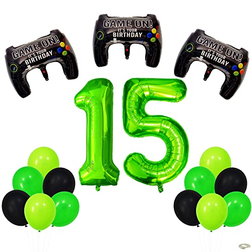 Video Game 15Th Birthday Party Supplies Balloons Boys Party Decorations- Game Controller Foil Mylar Balloons - 40 Inches Lime Green Number 15 - Black And Green Latex Balloons #TOP1