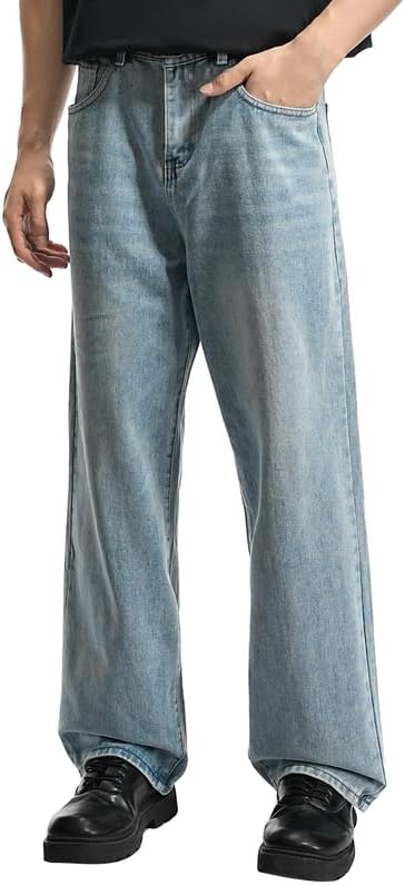 LOGEQI Mens Baggy Hip Hop Jeans Wide Leg Streetwear Jeans Loose Fit Y2K Skater Denim Pants