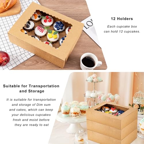 Image of Hoewina 12PCS Cupcake Boxes - Hold 12 Count Cupcake Containers with Window, Food Grade Cupcake Holder Easy Transport and Presentation - Ideal for Cupcakes, Desserts, and More (Brown)