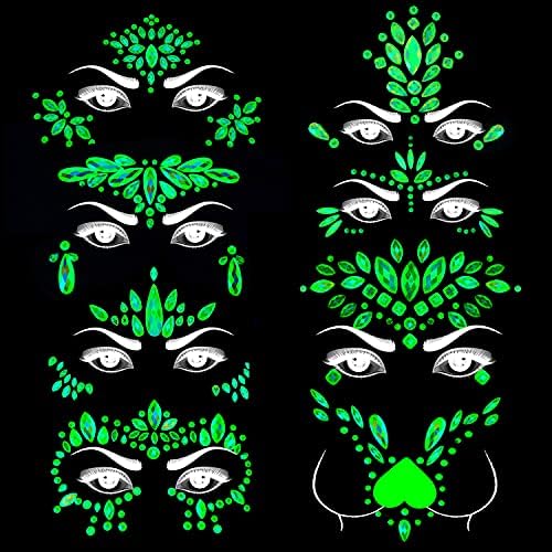 Meredmore 8Sets Glow in the Dark Face Gems Jewels Rave Noctilucent blacklight UV Body Stickers Luminous tattoos mermaid accessories pasties makeup for Women Halloween Festival