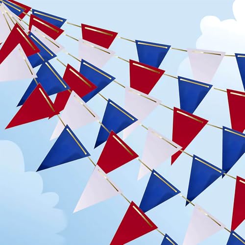Image of Red White and Blue Pennant Banner 3 Pack Paper Triangle Flag Hanging Decoration for Wedding Birthday Baby Shower Halloween Family Party（36pcs Triangle Flag）