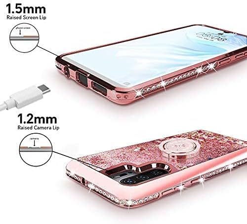 Miss Arts Compatible with Huawei P30 Pro Case, [Silverback] Moving Liquid Holographic Glitter Case With Kickstand, Girls Bling Ring Slim Cover for Huawei P30 Pro -Rose Gold