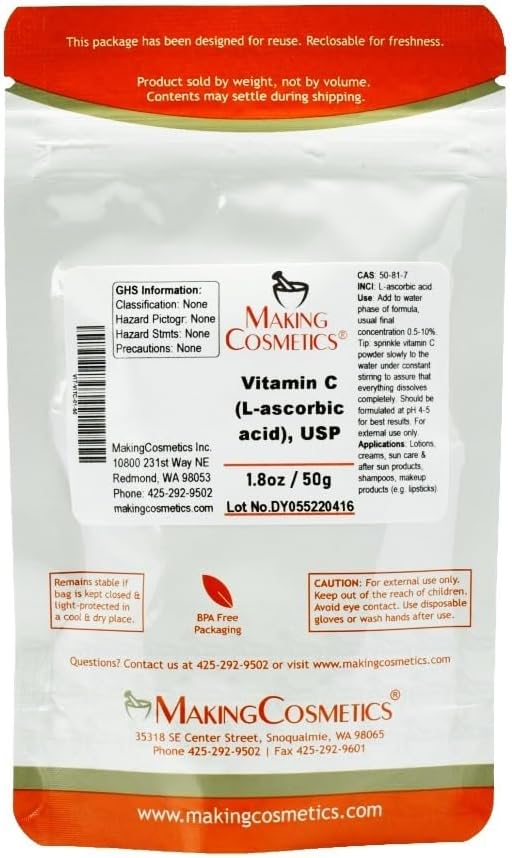 Vitamin C Powder, USP-Grade (L-ascorbic Acid) - 1.8oz / 50g - Cosmetic Ingredient