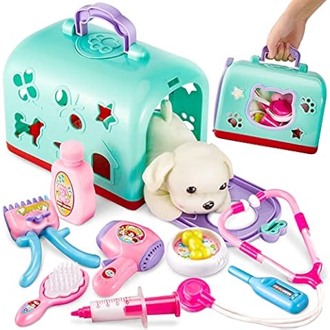 BUYGER Pet Care Vet Role Play Doctors Set with Cage Puppy Dog Veterinarian Pretend Play Set Kit Toy with Vet Tools for Kids Educational Gift for Kids Children Green Cover