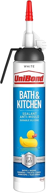 UniBond Bath & Kitchen Sealant, Mould Resistant White Silicone Sealant Ideal for Showers, Toilets, Tiles, Worktops & More, Durable & Waterproof, Easy Bathroom Sealant, 1x208g Easy Pulse