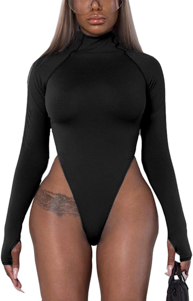 Susupeng Women Turtleneck Sexy Long Sleeve with Thumb Holes High Cut Bodysuit Candy Color Bodycon Jumpsuit Leotard Top (Small, Black)