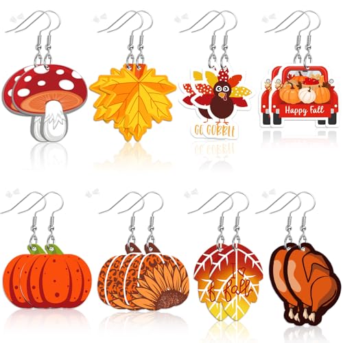 AUGSUN 8 Pairs Thanksgiving Fall Faux Acrylic Earrings for Women Pumpkin Sunflower Maple Leaf Autumn Jewelry Lightweight Leaf Dangle Teardrop Earrings