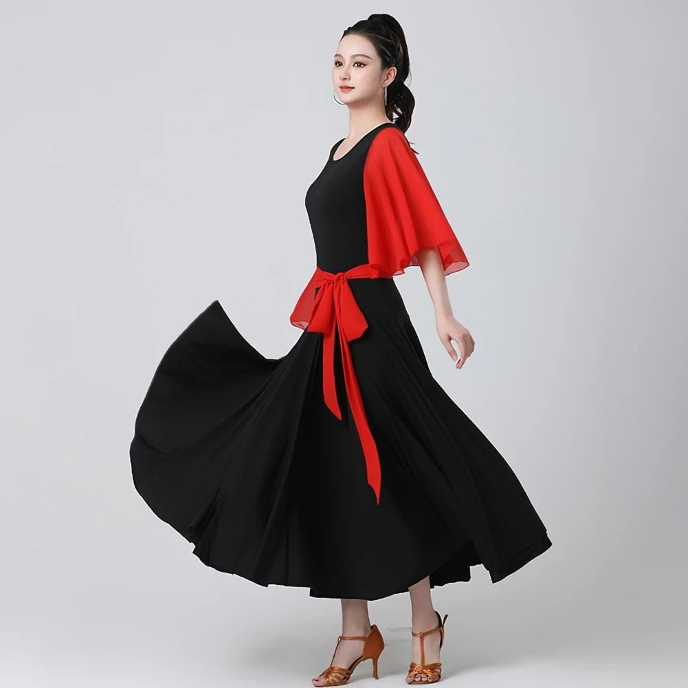 Modern Dance Kleid Standard-Turnierkleid aus Chiffon, langes Chiffonkleid mit Rundhalsausschnitt, schwarz