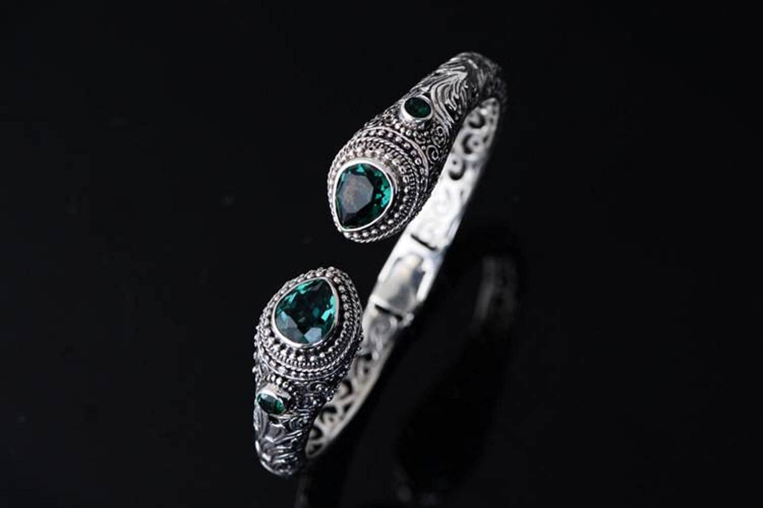 Brazalete Retro S925 Brazalete de Plata Esterlina Joyería Metal Pulsera de Plata Abiertaverde