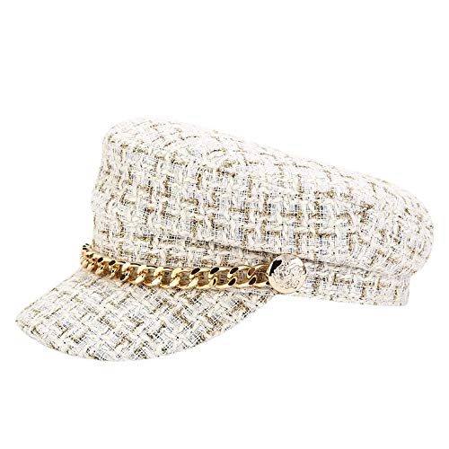 Newsboy Cap Beret Hat Fishermanâ€™s Sailor Womens Greek Hats Lined Peaked-Beret with Chain White