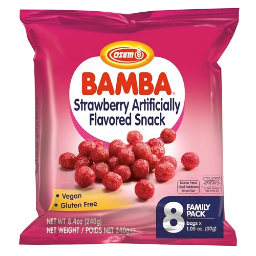 Osem Bamba Strawberry Flavored Snack - All Natural Sweet Red Strawberry Bamba Corn Puffs, for Adults and Kids, Convenient Family Pack - 1.05oz Bag, (Pack Of 8)