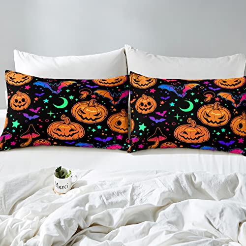 Erosebridal Pumpkin Lantern Sheet Set Starry Sky Bed Sheets Queen,Moon Stars Galaxy Fitted Sheet Gothic Spooky Bats Bed Cover For Child Kids Boys Glitter Mushroom Halloween Decor #TOP3