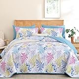 WONGS BEDDING Blue Quilt Queen Size, Botanical Bedspread with Leaves Pattern 3 Pieces Lightweight Microfiber Reversible Coverlet Home Decor for All Seasons（96'×90'）