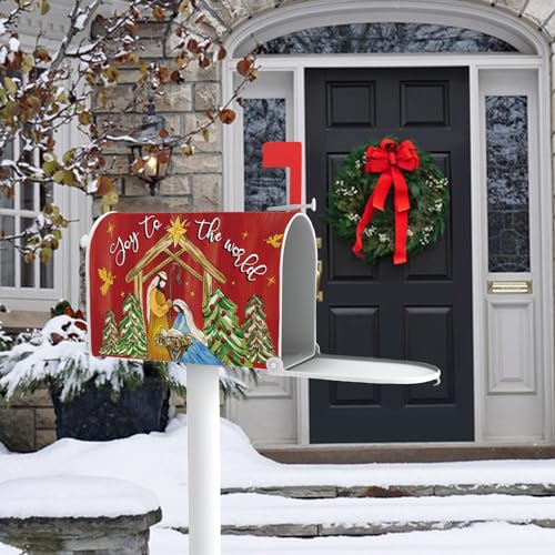 Image of Christmas Nativity Christian Mailbox Cover Magnetic Standard Size 20.5 inch x 18 inch, Religious Xmas Jesus Joy to The World Decorative Post Letter Box Decor, Red Holiday Garden Yard Outdoor Decoration