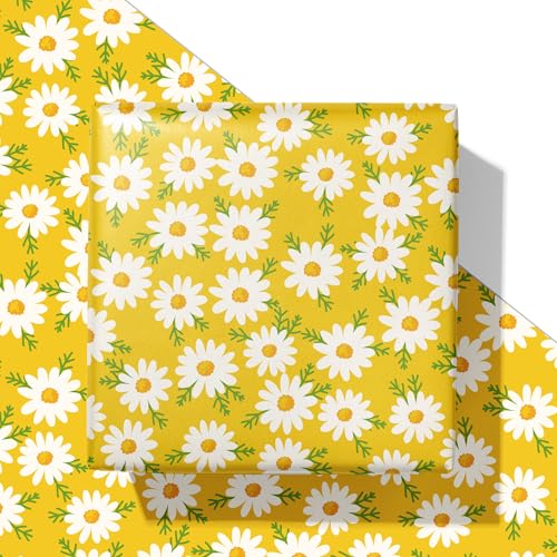 SaringSwoon Yellow Spring Wrapping Paper Kids Women and Adults - Bright Floral Gift Wrap with Daisy & Leaves for Birthday Baby Shower Easter Mothers Day - 2840 Inches 4 Jumbo Folded Sheets