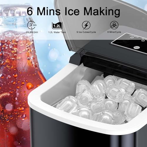 POWSAF Eiswürfelmaschine, Selbstreinigend Tisch Eiswürfelbereiter, Kleine Eismaschine mit Eisportionierer & Korb, 9 Eiswürfel in 8 min, 12 kg/24 Std, Ideal für Zuhause, Büro, Camping, Schwarz
