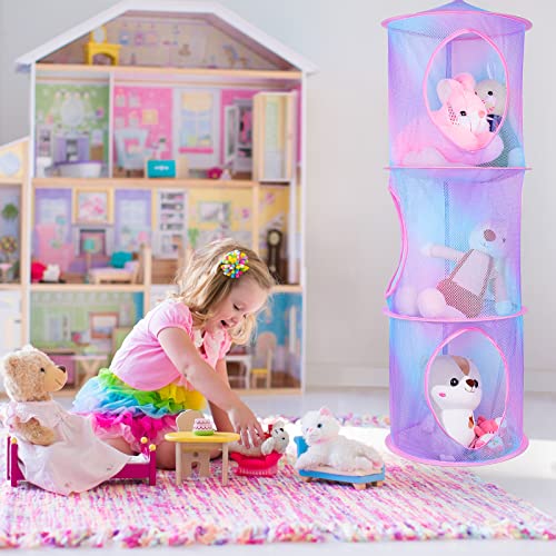 Basumee Stuffed Animals Net Or Hammock 2Pcs Hanging Stuffed Animals Storage 3 Compartments Toy Net Hammock For Stuffed Animals Organizer Mesh Stuff Animals Hammock For Kids Girls Room, Blue And Purple #TOP7