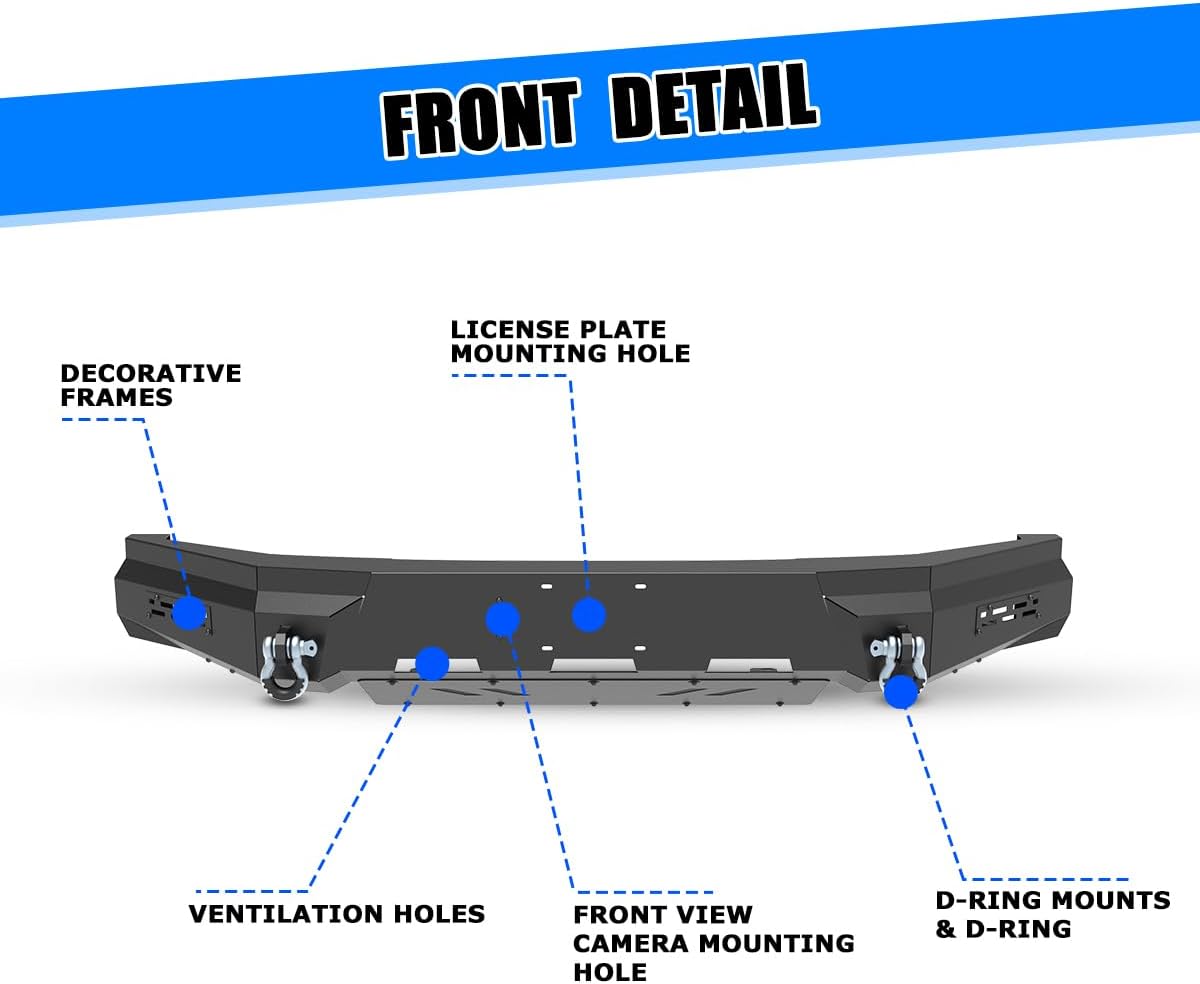 AUTOWIKI Front Bumper Assembly for 2024 2025 2026 Tesla Cybertruck Heavy-duty Steel Front Bumper Assembly w/Front Bumper Main Body | 1x Skid Plate | 2x Side Wings | 2x D-Rings, Textured Black Powder