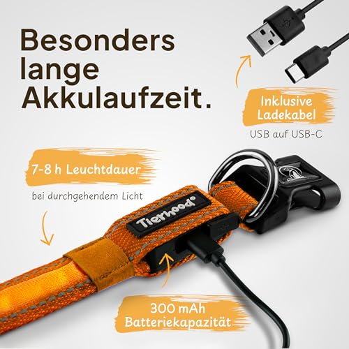 Tierhood Leuchthalsband Hund - Leuchthalsband für kleine und große Hunde - LED Hundehalsband Aufladbar - Langlebig, Wetterfest & Komfortabel - Ideal für Nachtspaziergänge - Orange, Größe S