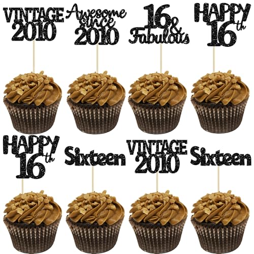 Gyufise 30Pcs Vintage 2010 Cupcake Toppers Glitter Sixteen 16 Fabulous Happy 16th Birthday Cupcake Picks Cheers to 16 Years for 16th Birthday Wedding Anniversary Party Cake Decorations Supplies Black